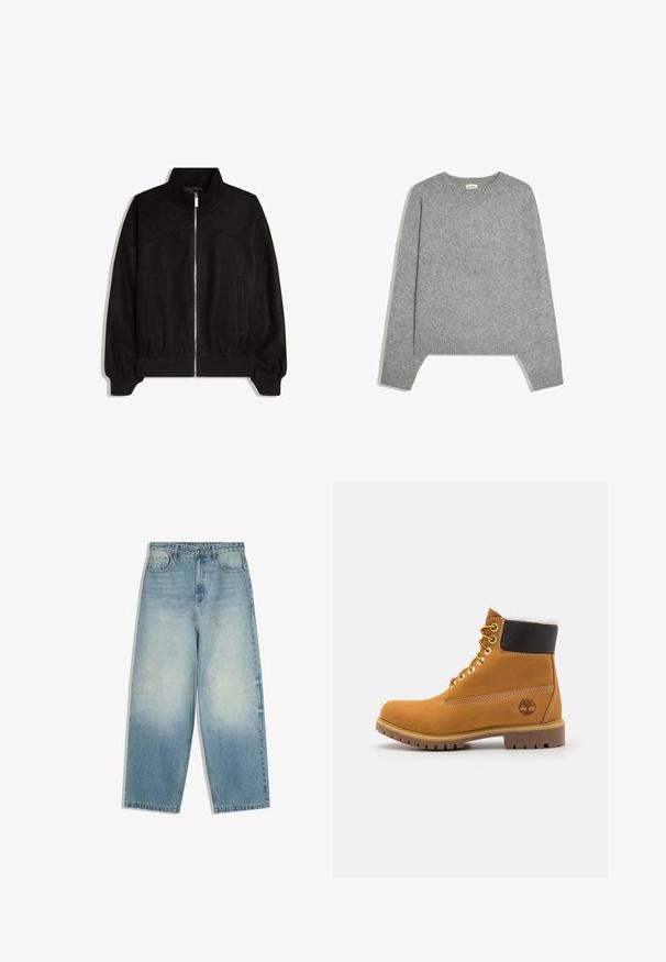 Schwarze Jacke mit Reißverschluss, hohem Kragen, langen Ärmeln, zwei Seitentaschen sowie gerippten Bündchen und Saum.; Schlichter hellgrauer Langarm-Strickpullover mit gerippten Bündchen, Saum und rundem Ausschnitt, flach auf einem weißen Hintergrund liegend.; Hellblaue Jeans mit weitem Bein, vorderen Taschen, Knopfverschluss und ausgewaschenen Bereichen an Oberschenkeln und Knien.; Braune Leder-Ankle-Boots mit Metallösen, weißem Kunstfellfutter, schwarzem gepolstertem Kragen, robustem Sohlenprofil und geprägtem Logo an der Seite.