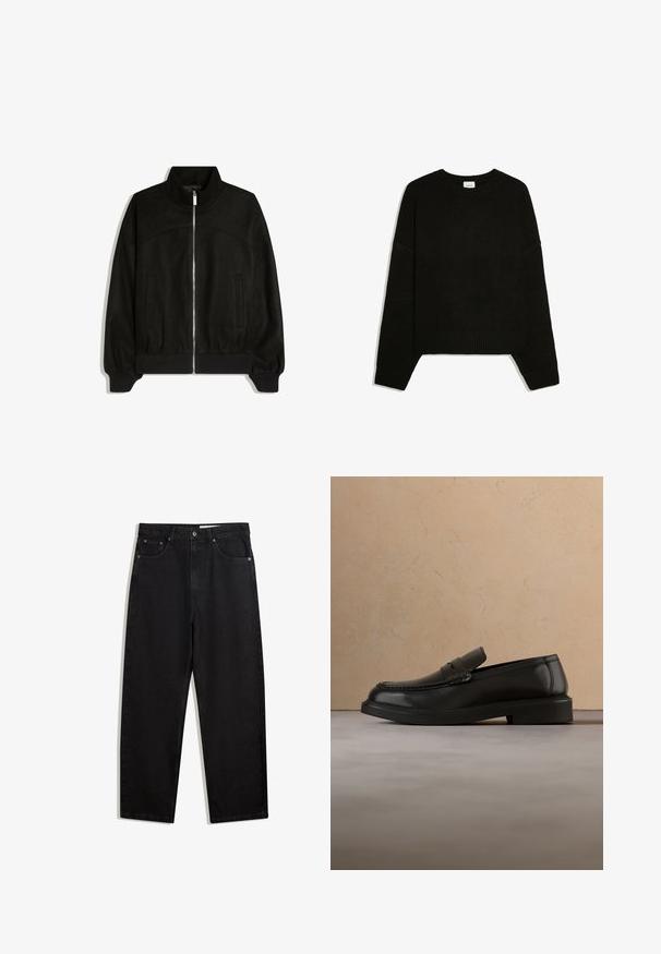 Sort lynlåstrøje med høj krave, lange ærmer, to sidelommer og ribstrikkede manchetter og kant.; Sort langærmet strikket sweater med ribkanter ved ærmer, kant og rund hals, lagt fladt på en hvid baggrund.; Sorte denimbukser i bred benlængde. Har fem lommer, metalknaplukning og kontraststing. Glat tekstur, minimalistisk design.; Sort læderloafer svæver over et beige flettet tæppe med et rundt træbord og en sofa i baggrunden.