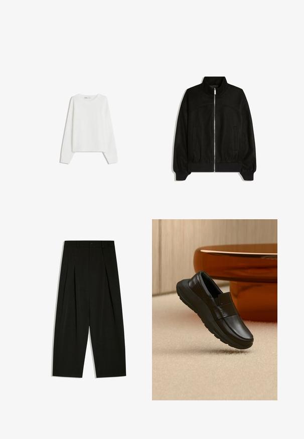 Čierna bunda na zips s vysokým golierom, dlhými rukávmi, dvoma bočnými vreckami a rebrovanými manžetami a lemom.; Biely pletený sveter s dlhými rukávmi, okrúhlym výstrihom, rebrovanými manžetami a spodným lemom. Mäkká textúra, voľný strih, bez viditeľných vzorov alebo akcentov.; Čierne široké nohavice s záhybmi, pútkami na opasok a zapínaním na gombík v páse.; Čierny kožený mokasín s hrubou podrážkou, vystavený nad béžovým kobercom a blízko okrúhlej jantárovej stolovej nohy.