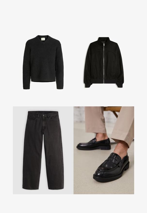 Veste noire à fermeture éclair avec col montant, manches longues, deux poches latérales et poignets et ourlet côtelés.; Pull noir en tricot avec un col en V, texture côtelée, manches longues et ourlet droit. Fabriqué à partir d'un matériau doux et épais.; Jean denim noir à coupe droite, cinq poches et passants pour ceinture, présenté à plat sur un fond clair uni.; Mocassins en cuir noir avec une finition lisse, ornés d'une sangle décorative et de coutures contrastées, associés à un pantalon beige.