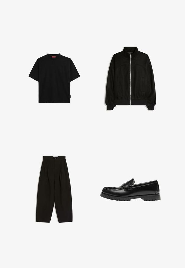 Schwarze Jacke mit Reißverschluss, hohem Kragen, langen Ärmeln, zwei Seitentaschen sowie gerippten Bündchen und Saum.; Schwarzes kurzärmliges T-Shirt aus Baumwolle mit Rundhalsausschnitt und einem kleinen Etikett an der Seite. Glatte Textur und gerader Schnitt.; Schwarze, weit geschnittene Hosen aus weichem Stoff, mit plissiertem Vorderteil, Knopfverschluss und Seitentaschen für zusätzliche Funktionalität.; Schwarzer Leder-Slipper mit dicker Gummisohle und klassischem Penny-Detail an der Riemen, von der Außenseite gezeigt.