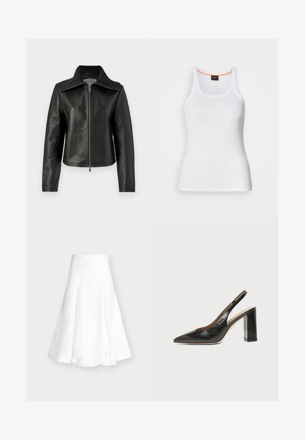 Veste en cuir noir avec un col droit, fermeture éclair à l'avant et manches longues. Présente une texture lisse et un design ajusté. Pas de motifs visibles.; Débardeur blanc côtelé avec un col rond, présentant un design à bretelles étroites et un accent orange le long de l'intérieur du col. Logo de la marque affiché.; Jupe midi blanche taille haute avec un ourlet bouffant et des coutures verticales sur un fond gris clair uni.; Chaussure slingback en cuir noir à bout pointu avec un talon bloc haut et une doublure intérieure beige sur un fond clair uni.