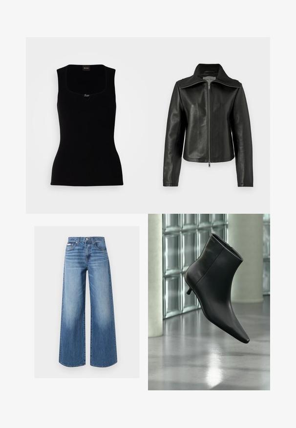 Chaqueta de cuero negra con cuello alzado, cremallera frontal y mangas largas. Presenta una textura suave y un diseño ajustado. Sin patrones visibles.; Top de tirantes negro acanalado con escote cuadrado, que presenta un pequeño logotipo en el centro. Confeccionado en un material suave y texturizado.; Vaqueros azules de pierna ancha con botón y cremallera delanteros, estilo de cinco bolsillos y detalles sutiles descoloridos en muslos y rodillas.; Botín negro de cuero con punta puntiaguda y tacón bajo estilo kitten, mostrado en ángulo sobre un suelo pulido y con una pared de bloques de vidrio de fondo.