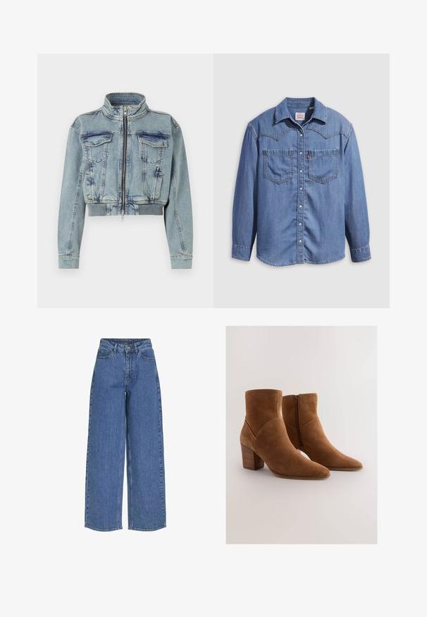 Good American TRUCKER - Spijkerjas - indigo; Lichtblauw denimshirt met een puntkraag, twee borstzakken en drukknopen. Voorzien van een westernstijl yoke-ontwerp.; Wijde blauwe jeans met een hoge taille, gemaakt van denim stof. Voorzien van voorzakken en een knoopsluiting. Klassiek casual ontwerp.; Bruine suède enkelboots met een puntige neus, een zijrits en een chunky, licht gestapelde hak. Glad oppervlak en minimalistisch ontwerp.