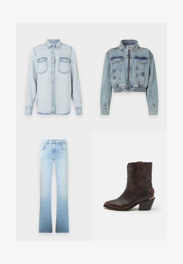 Good American TRUCKER - Jeansjacke - indigo; Hellblaues Denimhemd mit spitzem Kragen, Knopfleiste und zwei Brusttaschen. Mit gestickten Details und leicht fransigen Säumen.; Hellblaue Denim-Jeans mit Schlag, allmählichem Farbverlauf, Fünf-Taschen-Design und einem Knopfverschluss an der Taille. Glatte Textur und klare Linien.; Braune Leder-Cowboystiefel mit spitzer Zehe und gestapeltem Absatz. Verfügt über ein dekoratives Diamantmuster und einen Riemen mit Hardware-Akzenten.