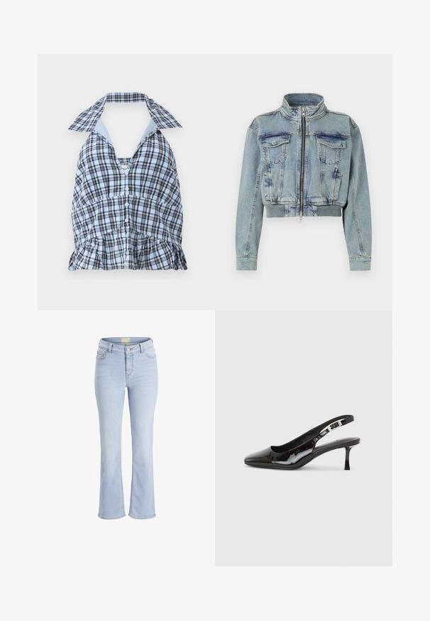 Good American TRUCKER - Cowboyjakker - indigo; Blå og hvid ternet halterneck-top med en dyb V-udskæring, knaplukning og flæsekant. Har en kontrasterende lys blå krave.; Lyseblå denim bukser med bredde ben og høj talje, fem lommer og lynlås. Har en diskret vask og stikninger på sømmene.; Sort slingback-sko i laklæder med spids tå, sølvspænde og mellemhøj kitten-hæl på en ensartet lys baggrund.