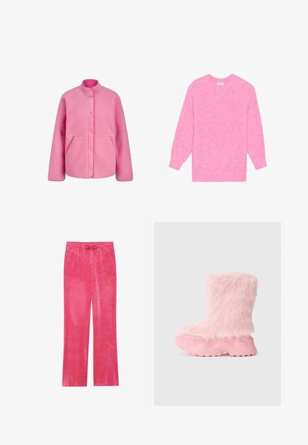 JJXX JXVERA TEDDY JACKET - Flísová bunda - morning glory; Ružový pletený sveter s okrúhlym výstrihom, dlhými rukávmi a rebrovanými manžetami. Textúrovaná tkanina s jemným melírovaným vzorom.; Ružové zamatové nohavice s elastickým pásom, dvoma prednými vreckami, širokým strihom a hladkou textúrou.; Hrubá ružová obuv s textúrovanou podrážkou a mäkkým, plyšovým umelým kožúškom pokrývajúcim celú hornú časť.