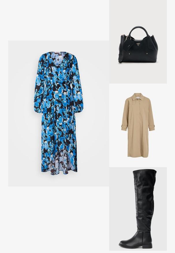 Manteau long beige avec un bouton unique au col, fermeture avant dissimulée, poches latérales et sangles à boutons aux poignets.; Robe longue avec un motif floral dans des nuances de bleu sur fond noir. Fabriquée en tissu léger, avec un décolleté en V et des manches longues.; Bottes noires montant jusqu'aux genoux en cuir lisse, avec un bout rond, un petit talon bloc et un tige légèrement fléchie avec des détails de coutures.; Sac à main en cuir noir texturé avec doubles anses, bandoulière amovible, et étiquette avec logo Guess attachée à l'avant.