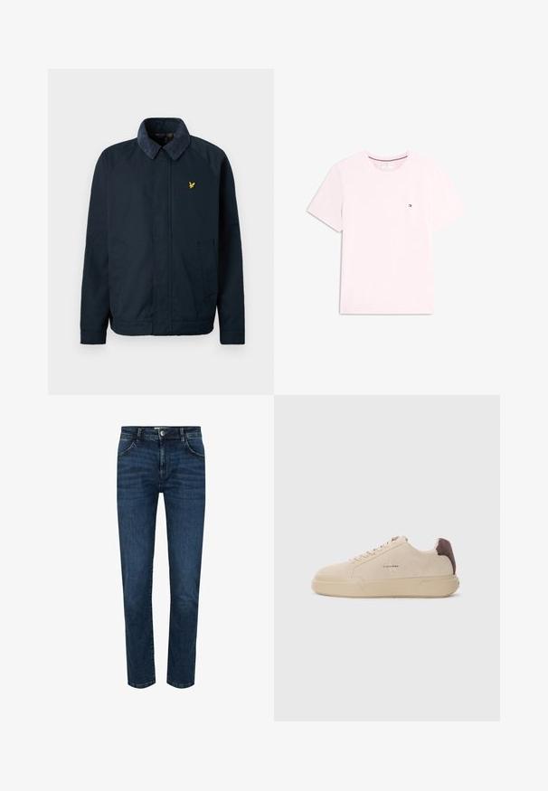 Marineblaue Jacke mit einem weichen, strukturierten Kragen, ausgestattet mit zwei Seitentaschen und einem kleinen goldenen Vogel-Logo auf der Brust.; Hellrosa T-Shirt mit kurzen Ärmeln und Rundhalsausschnitt mit kleinem Tommy Hilfiger-Logo auf der linken Brust.; Dunkelblaue Denim-Jeans mit geradem Schnitt, Fünf-Pocket-Design und Druckknopfverschluss. Verstärkte Nähte an den Nähten und ein leichter Verblassungseffekt.; Beige Wildleder-Sneaker mit runder Spitze, Schnürung vorne und einem braunen Wildlederakzent an der Ferse. Verfügt über eine strukturierte Gummisohle.