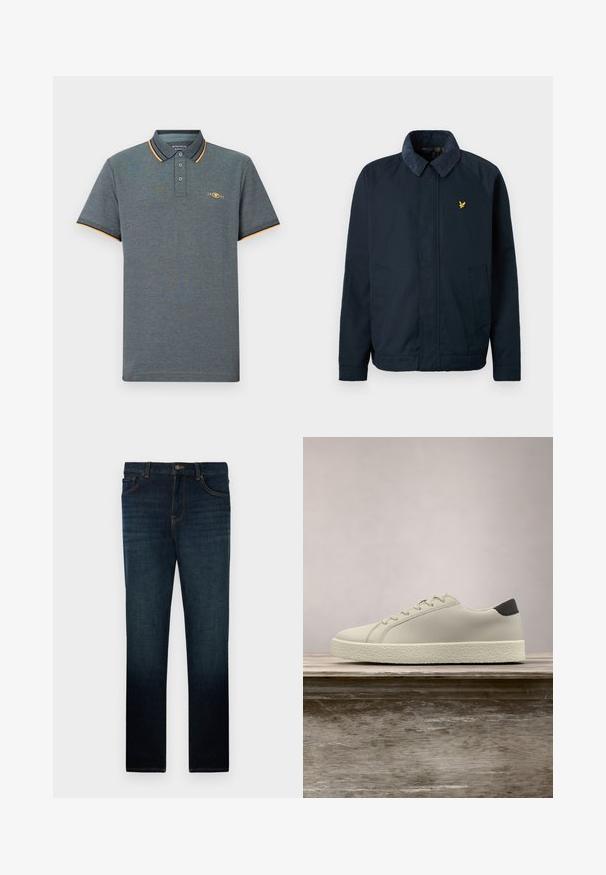 Chaqueta azul marino con un cuello suave y texturizado, que cuenta con dos bolsillos laterales y un pequeño logo dorado de un pájaro en el pecho.; Polo gris con una tela texturizada, que presenta una tapeta de tres botones, acentos en color azul claro y naranja en el cuello, y un pequeño logo en el pecho.; Jeans slim-fit azul oscuro con bolsillos frontales, cierre de botón y sutiles detalles desgastados en los muslos y las piernas.; Zapatilla blanca con suela texturizada y detalle negro en el talón, flotando sobre un banco de madera con hierba alta y verde de fondo.