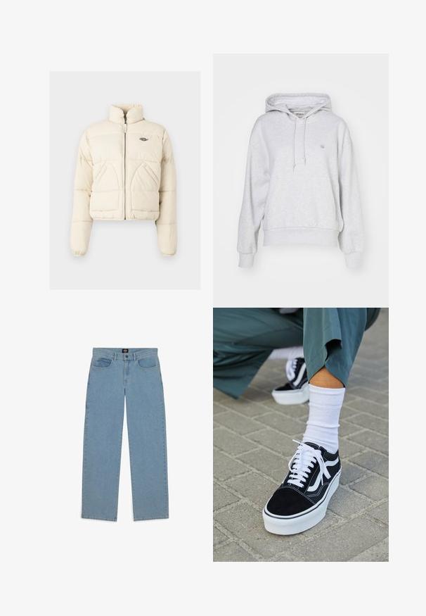 Lyhyt puffatakki vaaleassa värissä, jossa on korkea kaulus, vetoketjusuljenta ja kaksi sivutaskua, sekä brodattu logo rinnassa.; Carhartt WIP HOODED CASEY - Huppari - ash heather/silver; Vaaleansinisiä farkkuja, väljät malli, denim-kangasta, viisi taskua, nappisulku, suorat lahkeet, näkyvä ompelu, ei kuvioita tai yksityiskohtia.; Mustat mokkakengät valkoisilla yksityiskohdilla ja nauhoilla, joissa on paksu valkoinen pohja ja kontrastivärinen ommel, yhdistettynä valkoiseen sukkaan.