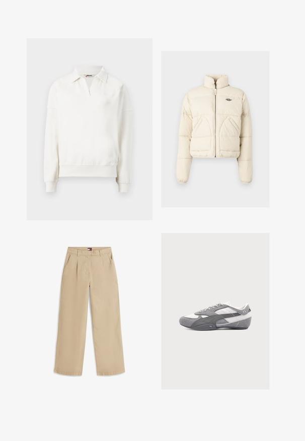 Kappet pufferjakke i cremefarve med høj krave, frontlynlås og to sidelommer med et broderet logo på brystet.; Crewneck pullover i off-white bomuld, med polo-krave, lange ærmer og ribbet afslutning. Subtil logo-detalje på brystet.; Beige bukser med lige ben, forreste læg, sidelommer, bæltestropper og en lille logoetiket på det indvendige linning.; Grå og hvid lavprofileret Puma-sneaker med ruskind- og mesh-detaljer, snørebånd og en buet sål mod en ensartet lys baggrund.