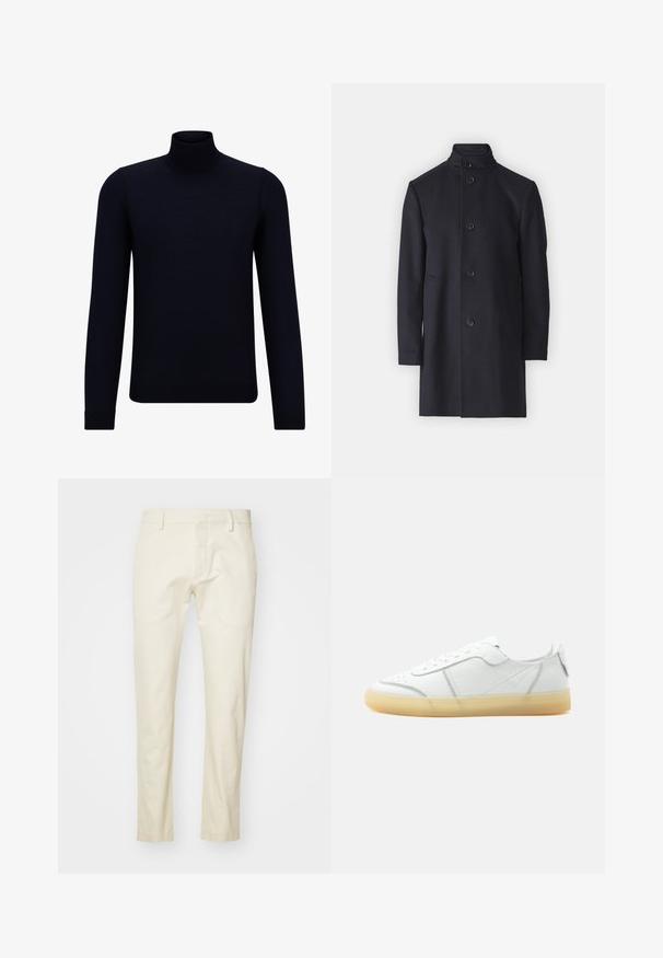 Mørkeblå uldfrakke med høj krave, frontlukning med knapper og sidelommer. Lige snit, glat tekstur, ingen synlige mønstre.; Mørkeblå turtleneck sweater lavet af fint strikstof, med lange ærmer og en tætsiddende, høj halsudskæring. Ingen synlige mønstre eller detaljer.; Beige bomuldsbukser med lige ben design, frontlynlås og flade lommer. Tekstureret stof med en glat finish.; Hvid lavtop læder sneaker med beige gennemsigtig sål, snørelukning foran og minimal syning, vist fra siden mod en ensfarvet baggrund.