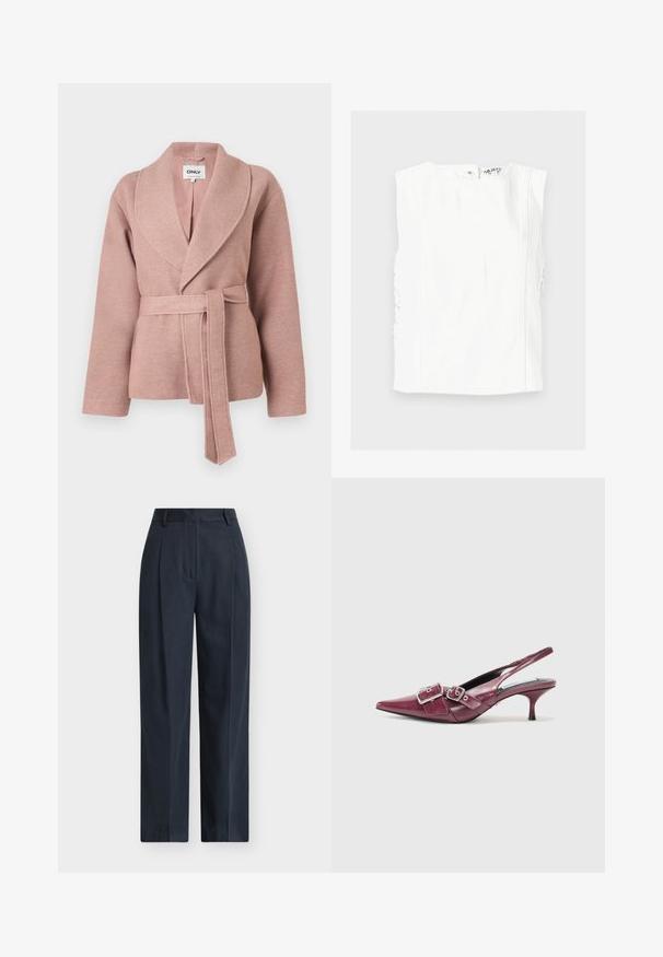 Chaqueta envolvente de mezcla de lana en suave color rosa con amplio cuello chal y cinturón del mismo tejido anudado a la cintura, mangas largas y corte relajado.; Top blanco sin mangas con cuello redondo, detalle de costura vertical y lados de tela fruncida, colocado plano sobre un fondo claro.; Pantalones anchos de pierna en azul marino hechos de tela ligera, con pliegues frontales, bolsillos laterales y una textura suave. Detalle de cintura entallada.; Zapato de charol burdeos tipo slingback con puntera afilada, tacón pequeño y acentos de doble hebilla. Textura lisa con detalles de costura.