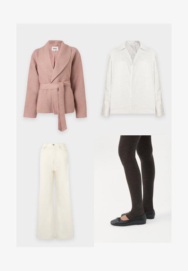 Veste cache-cœur rose pâle en mélange de laine avec large col châle et ceinture assortie nouée à la taille, manches longues et coupe décontractée.; Chemise manches longues en lin gris clair avec col pointu et fermeture à boutons sur le devant. Caractéristiques d'une coupe décontractée et d'une texture douce.; Jean évasé taille haute de couleur crème clair, fabriqué en denim. Comprend des poches avant, une fermeture à boutons et zip, ainsi que des coutures visibles.; Jambes portant des leggings côtelés foncés associés à des ballerines noires avec de petits détails en nœud sur fond blanc.