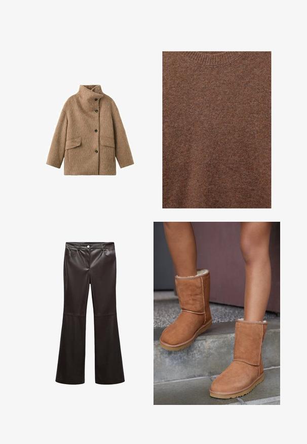 Manteau en laine marron avec col haut, quatre boutons noirs sur le devant et deux poches à rabat à l'avant.; Pull marron en laine tricotée avec encolure ras du cou côtelée et tissu à texture douce.; Pantalons évasés noirs en faux cuir lisse, dotés de poches avant, d'une fermeture éclair et d'un bouton argenté. Détails de couture accentués.; Bottines en suede marron, à bout rond, avec une doublure douce et une semelle en caoutchouc, présentant des détails de couture visibles le long des coutures.