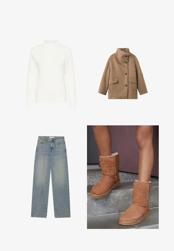 Manteau en laine marron avec col haut, quatre boutons noirs sur le devant et deux poches à rabat à l'avant.; Pull en maille torsadée blanche avec un col montant, des manches longues et un motif texturé. Le tissu semble doux et légèrement extensible.; Jean en denim droit taille haute bleu clair avec poches avant, passants de ceinture et fermeture éclair et bouton visibles.; Bottines en suede marron, à bout rond, avec une doublure douce et une semelle en caoutchouc, présentant des détails de couture visibles le long des coutures.