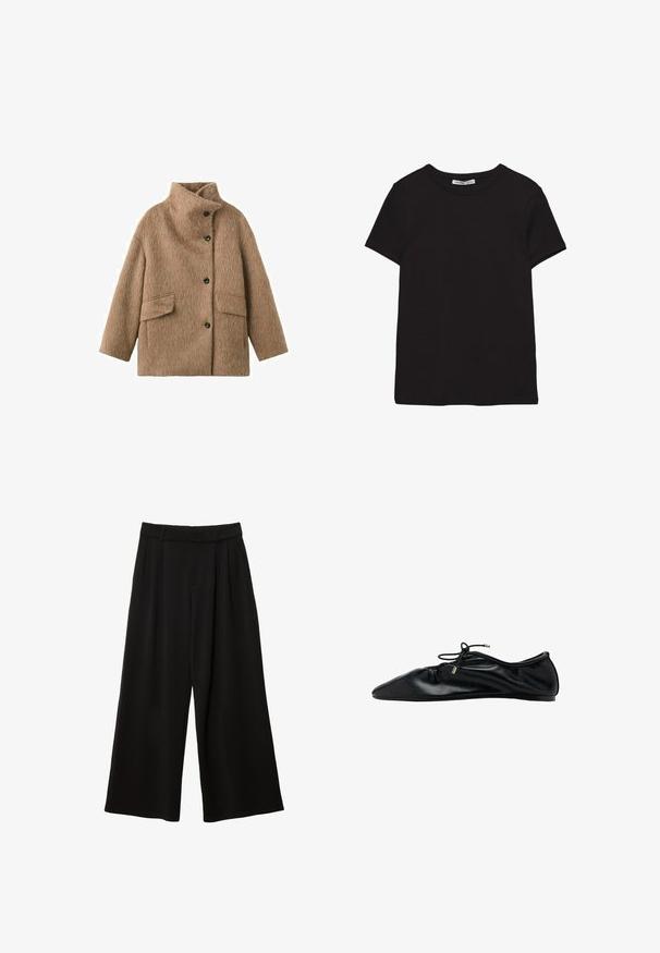 Manteau en laine marron avec col haut, quatre boutons noirs sur le devant et deux poches à rabat à l'avant.; T-shirt noir en coton à manches courtes avec encolure ronde, coupe standard et étiquette intérieure visible au niveau du col.; Pantalon noir à jambes larges, taille haute, plis devant, passants pour ceinture et coupe décontractée.; Ballerine plate en cuir noir avec bout froncé et lacet à nouer orné d'embouts métalliques, vue latérale minimaliste et élégante.