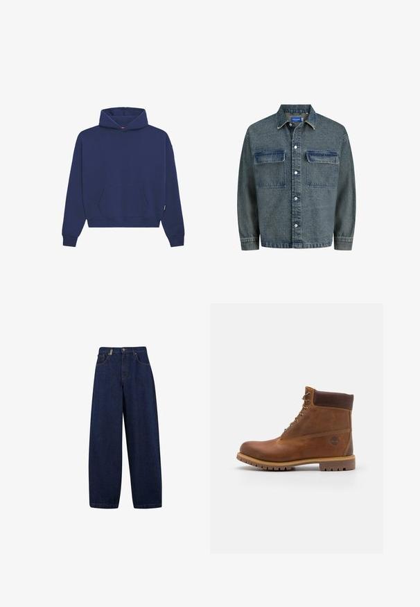 Dunjakke i mørkeblå med to brystlommer, knaplukning og en klassisk krave. Teksturstof med en let slidt fremtoning.; Mørkeblå sweatshirt lavet af fleece materiale, med en front kangaroo lomme, ribbede manchetter og en afslappet pasform med en snor i hætten.; Løse, mørkeblå denimjeans med høj talje, frontlommer og lige ben. Inkluderer sølvfarvet hardware og minimal syning.; Brun læder vandrestøvle med en glat finish, polstret ankel, metalliske snørehuller og en gummisål med et robust dækmønster.