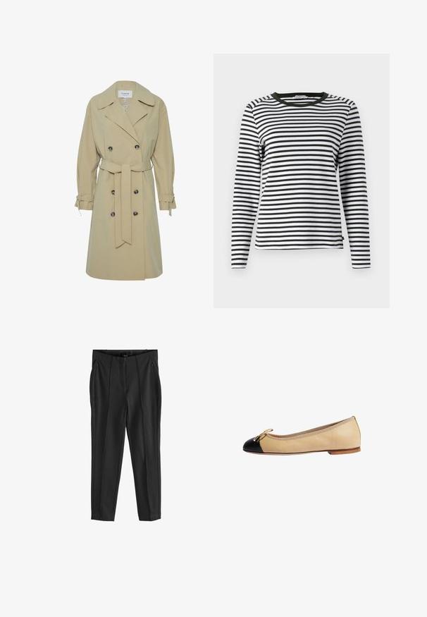 Beige trenchcoat med dobbeltradet front, stor krave og sidebånd detaljer. Har sorte runde knapper og en bælte-livet.; Langærmet skjorte i sort og hvid stribet design med en rund, grøn halsudskæring. Blødt stof med normal pasform og lige søm.; Sorte bukser med en glat tekstur, udstyret med lommer med lynlås foran og udtryksfulde folder. Minimalistisk design med en skræddersyet pasform.; Beige læder balletflade med sort tåhætte, guld sløjfedetalje og tekstureret trim langs åbningen. Flad sål for nem gang.