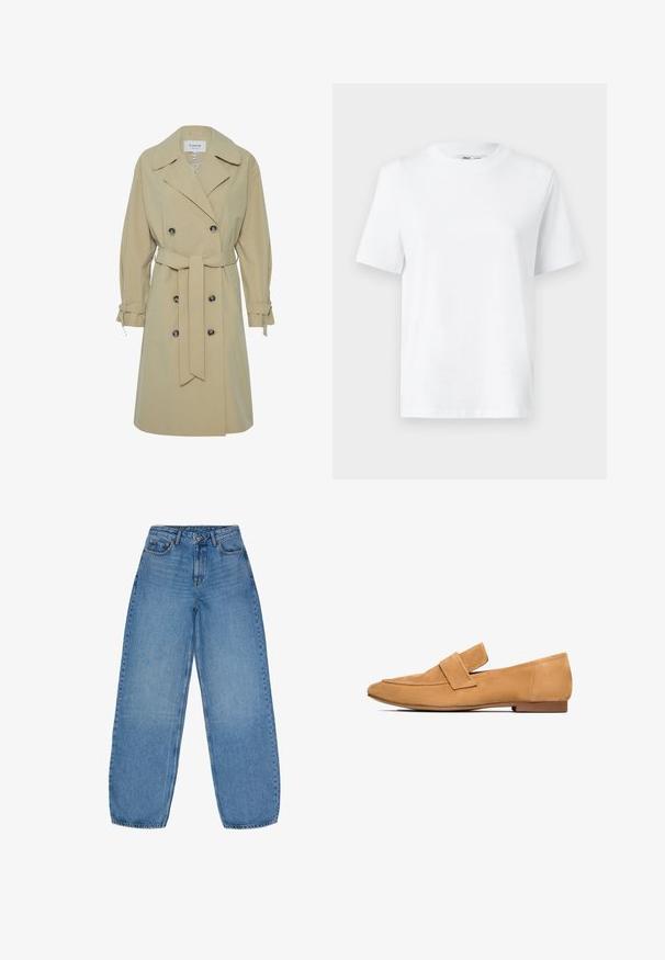 Beige trenchcoat med dobbeltradet front, stor krave og sidebånd detaljer. Har sorte runde knapper og en bælte-livet.; Hvid bomulds T-shirt med rund hals, kortærmet og en glat tekstur. Designet med en afslappet pasform for komfort og alsidighed.; Lyseblå vidde jeans lavet af denim med høj talje, fem lommer og kontraststing. Har en lynlås og knaplukning.; Lette mokkasiner i tan farve med flad hæl, rund tå og en syet strop over vristen for et raffineret udtryk.