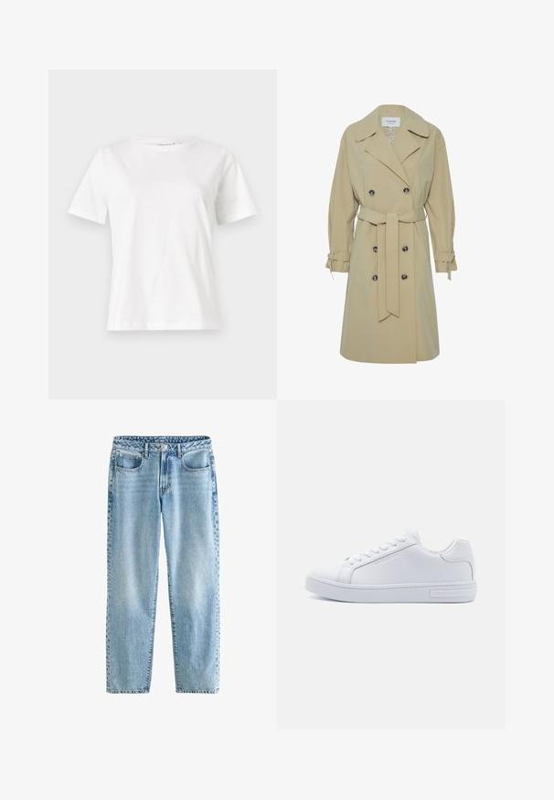 Beige trench coat dengan bagian depan double-breasted, kerah besar, dan detail ikatan di sisi. Dilengkapi dengan kancing bulat hitam dan pinggang dengan sabuk.; Valkoinen puuvillapaita lyhyillä hihoilla, pyöreällä kaula-aukolla ja rentolla istuvuudella. Sujuva rakenne, ei kuvioita tai yksityiskohtia, minimalistinen muotoilu.; Vaaleansiniset farkut, joissa on rento malli. Ominaisuuksiin kuuluu neljä taskua, klassinen napin sulkeminen ja minimaalinen kuluminen, joka luo tasaisen pinnan.; Valkoinen nahkainen matalapohjainen lenkkari, jossa on pyöreä kärki, litteä kumipohja ja logodetaali sivussa. Mukana kuusi paria rei'ityksiä ja teksturoituja yksityiskohtia.