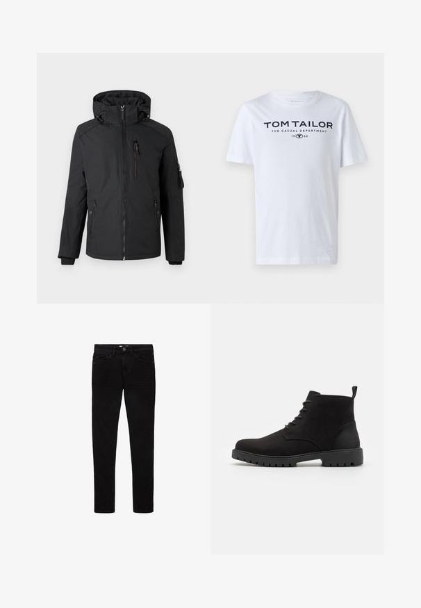 Sort hættejakke med frontlynlås, lynlåslomme på brystet, to sidelommer og lynlåslomme på venstre ærme, vist på hvid baggrund.; Hvid bomulds t-shirt med rund hals, korte ærmer og navy tekst, der læser "TOM TAILOR THE CASUAL DEPARTMENT 1962."; Sorte jeans lavet af denim, med et slim fit design, fem lommer og en knaplukning. Glat tekstur og minimale syninger.; Sorte ruskind ankelstøvler med rund tå, snørelukning, gummisål med mønster og en løkke på hælen for nem påføring.