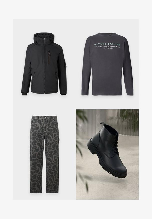 Sort hættejakke med frontlynlås, lynlåslomme på brystet, to sidelommer og lynlåslomme på venstre ærme, vist på hvid baggrund.; TOM TAILOR PRINTED - Langærmet T-shirt - tarmac grey; Sort og grå pixeliseret camouflage bukser med lige ben, frontlommer og knaplukning.; Sorte læder ankelstøvler med rund tå, snørebåndsdesign og robust gummisål. Glat tekstur med en løkke bagpå.