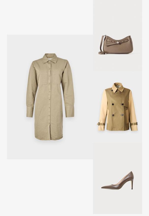 Chaqueta de doble botonadura en dos tonos, beige y marrón claro, con botones negros, cuello ancho, solapa frontal, bolsillos laterales y puños con correas ajustables.; Vestido camisero de manga larga color caqui, hecho de algodón, con botones frontales, dos bolsillos en el pecho y un dobladillo curvado.; Zapato de tacón alto de piel marrón con puntera puntiaguda, tacón de aguja estrecho y acabado suave sobre un fondo claro.; Bolso de piel en taupe con detalle de lazo en la parte delantera, presentando una silueta curvada, correa ajustable y herrajes metálicos.