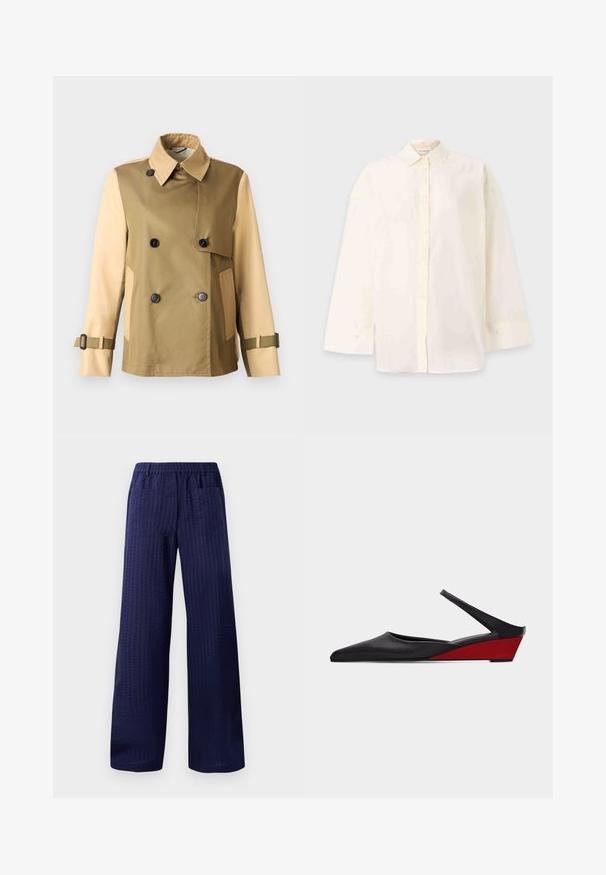 Chaqueta de doble botonadura en dos tonos, beige y marrón claro, con botones negros, cuello ancho, solapa frontal, bolsillos laterales y puños con correas ajustables.; Camisa blanca de manga larga con botones, con cuello clásico y puños, mostrada sobre un fondo claro y liso.; Pantalones de pierna ancha en color navy con un acabado texturizado, cinturilla elástica y dos bolsillos traseros. Fabricados con un tejido ligero y transpirable.; Zapato negro de punta puntiaguda con tiras en el talón, tacón cuña bajo rojo y hebilla delgada en el tobillo sobre un fondo liso.