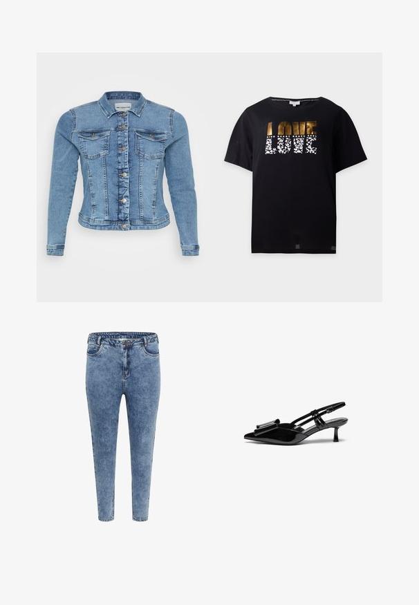 Jeansjacke in Hellblau mit tailliertem Design, Knopfverschluss, zwei Brusttaschen und kontrastierenden Nähten entlang der Nähte.; Schwarzes T-Shirt mit kurzen Ärmeln und gold-weiß gemustertem Text mit der Aufschrift "LOVE" und kleineren Worten "KIND HEART BRAVE SOUL" darüber.; Blaue Skinny Jeans aus Denim mit hoher Taille, fünf Taschen und einem Reißverschluss. Der Stoff hat eine leicht ausgewaschene Textur mit kontrastierenden Nähten.; Schwarze Lackleder-Slingbacks mit spitzer Zehenpartie, einer Schleifendetail an der Vorderseite und einem kleinen Stiletto-Absatz. Die Riemen haben verstellbare Schnallen.