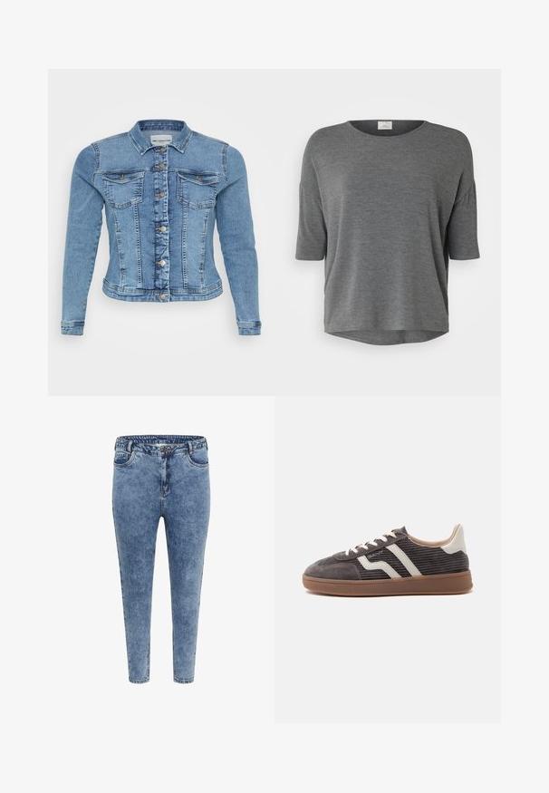 Jeansjacke in Hellblau mit tailliertem Design, Knopfverschluss, zwei Brusttaschen und kontrastierenden Nähten entlang der Nähte.; Graues Kurzarmoberteil aus weichem Material mit lockerer Passform, rundem Ausschnitt und abgerundetem Saum. Keine auffälligen Muster oder Akzente.; Blaue Skinny Jeans aus Denim mit hoher Taille, fünf Taschen und einem Reißverschluss. Der Stoff hat eine leicht ausgewaschene Textur mit kontrastierenden Nähten.; Einzelner dunkelgrauer Sneaker mit weißen Lederakzenten, strukturierten Seiten, weißen Schnürsenkeln und brauner Gummisohle, im Profil auf schlichtem Hintergrund dargestellt.
