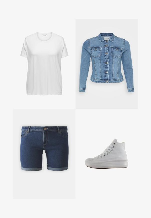 Denimjakke i lyseblå med en tætsiddende design, knaplukning, to brystlommer og kontrasterende syninger langs sømmene.; Hvid bomulds t-shirt med rund halsudskæring og korte ærmer. Løs pasform med en glat tekstur og ingen synlige mønstre eller detaljer.; Denim shorts i mørkeblå, med en klassisk pasform, rullet stejle og forlommer. Afsluttet med en metalknap-lukning.; Hvid højt canvas sneaksko med hvide snørebånd, metaløjer, tyk gummisål og tekstureret tåhætte, vendt mod venstre på en hvid baggrund.