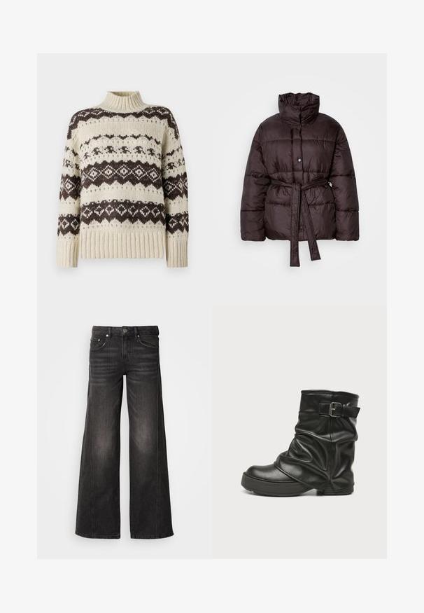 Doudoune marron avec un col montant, fermeture à boutons sur le devant et taille ceinturée. Comprend des sections matelassées pour l'isolation et une texture lisse.; Vero Moda Knitted VMAMPLE Knitted - Pullover - birch; Jeans en denim noir à jambes larges avec détails délavés, design à cinq poches, fermeture par bouton et fermeture éclair.; Botte en cuir noire mi-mollet avec un design froissé, bout rond, semelle plate et bride de boucle réglable près du haut.