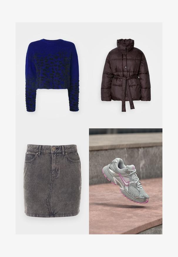 Brun pufferjakke med høj krave, frontknaplukning og belted talje. Har kviltede sektioner til isolering og en glat overflade.; Blå cropped sweater med sort leopardprint design, strikket tekstur, rund halsudskæring og lange ærmer. Blødt, fuzzy stof.; Grå denimnederdel med lodret ribbet tekstur, der har en frontknaplukning, to sidelommer og en lige kant.; Grå træningssko med pink accenter og Nike-logo, svævende over en stenoverflade med en sløret stenbaggrund.