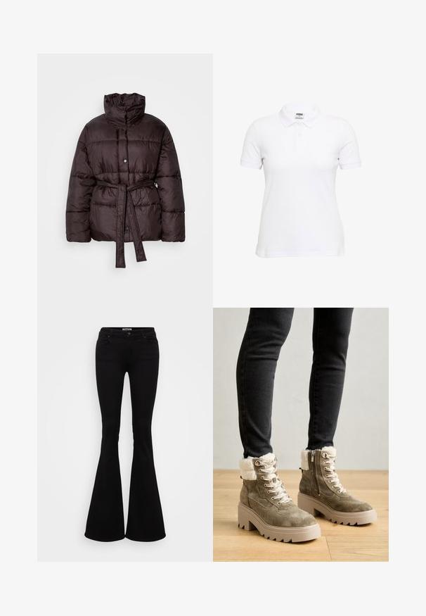 Doudoune marron avec un col montant, fermeture à boutons sur le devant et taille ceinturée. Comprend des sections matelassées pour l'isolation et une texture lisse.; Polo blanc à manches courtes en coton texturé. Doté d'un col classique et d'une patte à trois boutons. Coupe décontractée avec un ourlet droit.; Jean flare noir en denim extensible, avec une taille ajustée, des poches avant et arrière, et un bouton de fermeture à la taille.; Bottines en daim vert olive avec garniture en fourrure synthétique, quincaillerie en argent et semelle plateforme beige chunky. Dispose de lacets et d'une fermeture éclair sur le côté.