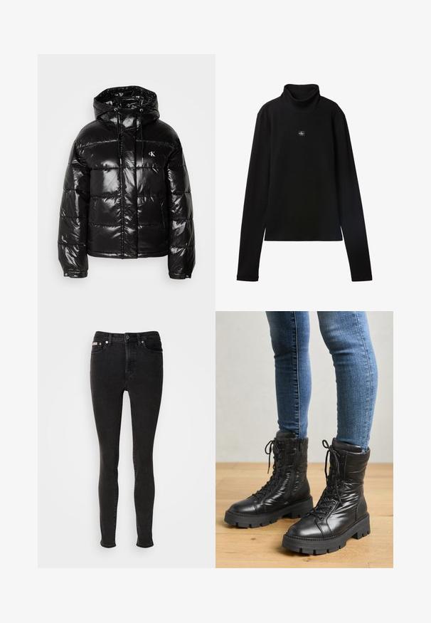 Sort pufferjakke med en blank finish, der har hætte, lynlås-lukning og elastiske manchetter. Bemærkelsesværdig logodetalje på brystet.; Sort ribstrikket bluse med lange ærmer og lille firkantet Calvin Klein-logo placeret centralt på brystet.; Sorte skinny jeans lavet af denim med en glat tekstur, der har fem-lomme-design, bæltestropper og lukning med metalknap.; Sorte combat støvler til midten af læggen lavet af glat læder med snørering, polstrede sider og en tyk, robust sål. Designet med en struktureret form.