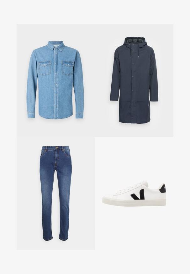 Imperméable bleu marine avec capuche, fabriqué en matériau imperméable. Présente des boutons-pression, des manches longues et une coupe longue et droite.; Chemise en denim bleu clair à manches longues, fermeture boutonnée à l'avant, et deux poches poitrine. Dotée d'un col classique et d'une texture lisse.; Jeans en denim bleu foncé, avec une coupe droite classique, cinq poches, fermeture à bouton doré et détails de couture discrets le long des coutures.; Sneaker blanche en cuir avec des accents en daim noir ; dispose d'une semelle en caoutchouc, d'un bout rond et d'un design classique à lacets. Logo latéral en noir.