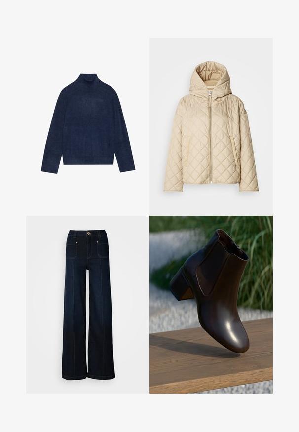 Beige quiltet dunjakke med hætte, der har en lynlås foran, to sidelommer og diagonalt syningsmønster. Glat tekstur.; Mørkeblå rullekrave sweater med ribbet detaljering på kraven og ærmerne, lavet af et blødt, struktureret strikket stof med en afslappet silhuet.; Bredde ben denimjeans i mørkeblå. Har forlommer, guldfarvet hardware og kontrasterende syninger. Glat tekstur med et afslappet design.; Brun læder ankelstøvle med en afrundet tå og en lav blokhælhæl, der har elastiske sidepaneler og en glat, blank finish.