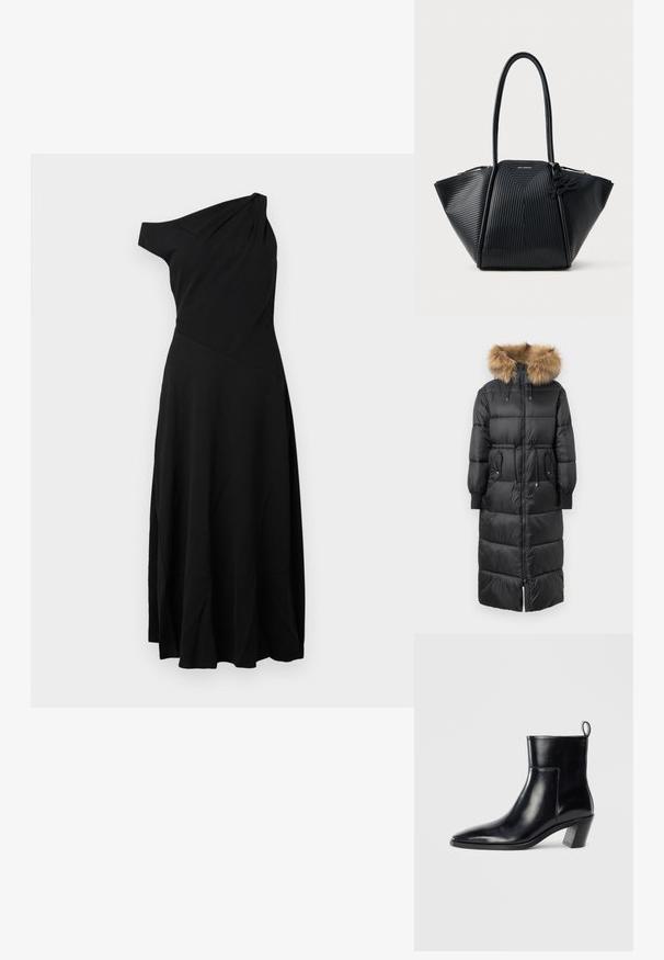 Sort lang puffer frakke med en aftagelig tan-farvet pelsforet hætte, elastiske manchetter og lynlås foran, der har to sidelommer og et indsnævret design i taljen.; Sort, en-skulder kjole lavet af letvægtsstof. Har en tætsiddende overdel og en udvidet nederdel med blød drapering. Enkel design uden udsmykninger.; Sort læder ankelstøvle med spids tå, geometrisk stablet hæl og en løftestrop bagpå. Glat tekstur og slankt design.; Sorte struktureret håndtaske med ribbet tekstur, to lange håndtag og en dekorativ logo charmer på højre side.