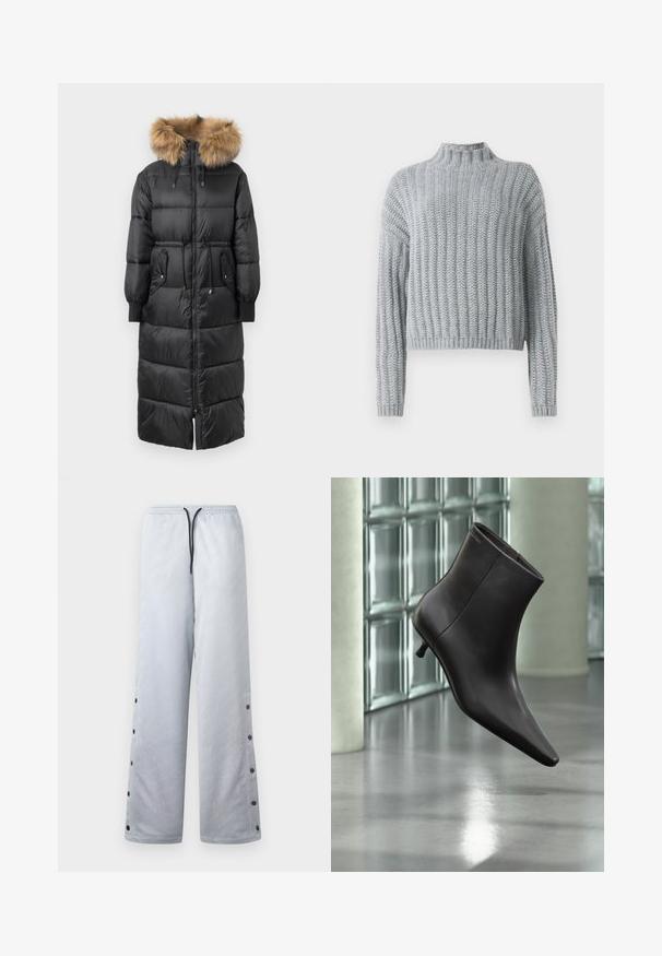 Abrigo largo negro tipo plumón con capucha de piel de imitación marrón desmontable, puños elásticos y cierre delantero con cremallera, que cuenta con dos bolsillos laterales y un diseño de cintura ajustada.; Suéter grueso de punto en gris claro con patrón de canalé, cuello tipo alto, mangas largas y un corte ligeramente corto.; Pantalones de chándal gris claro con una textura brillante, que cuentan con una cinturilla elástica, cordón negro y botones a presión a lo largo de las costuras laterales.; Bota de cuero negro para el tobillo con puntera puntiaguda y tacón pequeño, exhibida frente a una pared de bloques de vidrio y un suelo pulido.
