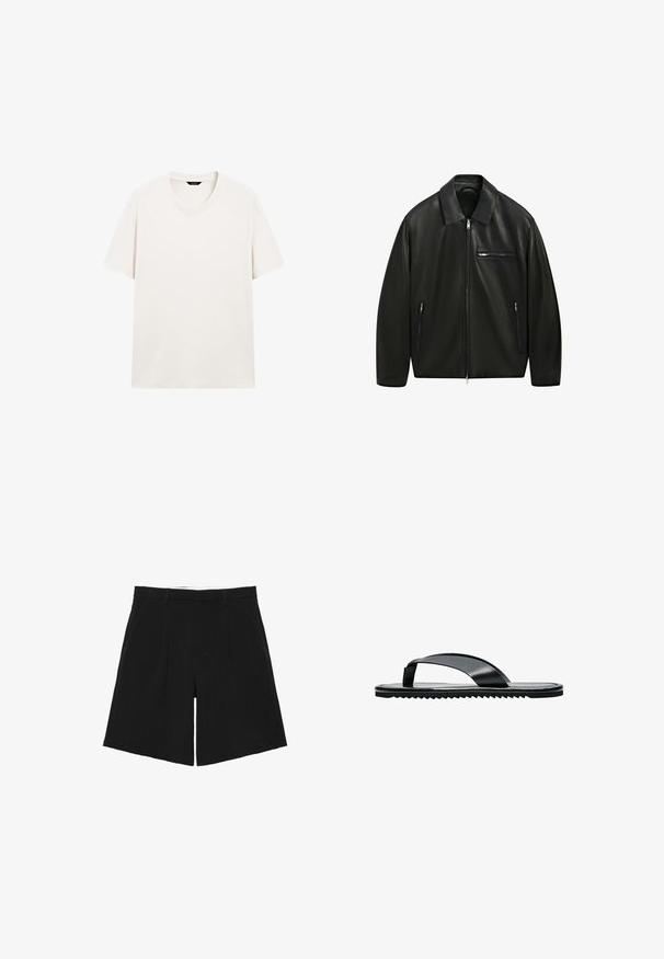 Sort læderjakke med fuld frontlynlås, spids krave, en vandret brystlomme med lynlås og to lodrette sidelommer med lynlås.; Lys hvid kortærmet t-shirt med rund hals, vist fladt med synlig halslabel mod en hvid baggrund.; Sorte skræddersyede shorts med bæltestropper, forreste læg og sidelommer, lagt fladt på en hvid baggrund.; Sort flad flip-flop sandal med bred tårem og tekstureret sål, vist i profil på hvid baggrund.
