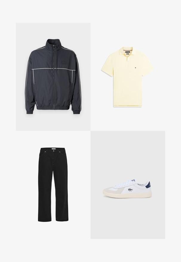 Chaqueta cortavientos azul marino con cuello alto, detalles de ribete blanco a lo largo de los hombros, puños elásticos y bolsillos frontales con cremallera.; Polo de manga corta de color amarillo pálido con cuello, tapeta y pequeño logotipo de Tommy Hilfiger en el pecho izquierdo.; Vaqueros de mezclilla negra con corte recto, diseño de cinco bolsillos, detalles en hardware de cobre y una cinta de cintura resistente. Textura suave, estilo sin adornos.; Zapatilla blanca de perfil bajo con detalles en ante beige, lengüeta trasera azul marino, cierre frontal de cordones y un logo de cocodrilo negro en el lateral con la inscripción "EST. 1933".