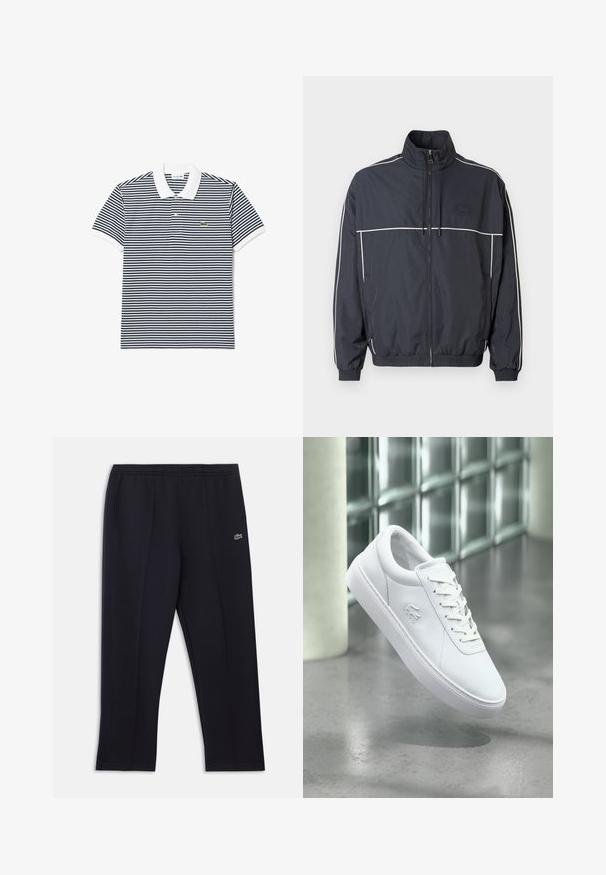 Chaqueta cortavientos azul marino con cuello alto, detalles de ribete blanco a lo largo de los hombros, puños elásticos y bolsillos frontales con cremallera.; Polo a rayas en azul marino y blanco, con un cuello clásico, mangas cortas y un pequeño logo bordado en el pecho. Tejido de mezcla de algodón.; Pantalones deportivos negros con bolsillos laterales, cintura elástica, sutiles rayas laterales y pequeño logo de cocodrilo verde en la cadera derecha.; Zapatilla blanca de caña baja con diseño de cordones y logo de cocodrilo en relieve, situada sobre un suelo pulido gris con una pared de bloques de vidrio de fondo.