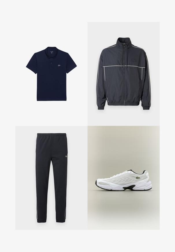 Marineblauwe windbreakerjas met hoge kraag, witte biezen langs de schouders, elastische manchetten en zakken aan de voorkant met rits.; Marineblauw polo shirt van katoen; voorzien van een klassieke kraag, korte mouwen en een klein wit geborduurd logo op de linkerborst.; Zwarte sportbroek met elastische tailleband, taps toelopende broekspijpen, witte zijstrepen en een klein groen krokodillenlogo op het rechterdijbeen.; Witte sportieve schoen met een textuur van gaas bovenwerk, gebogen ontwerp en contrasterende zwarte zool. Heeft een groen geborduurd logo aan de zijkant.