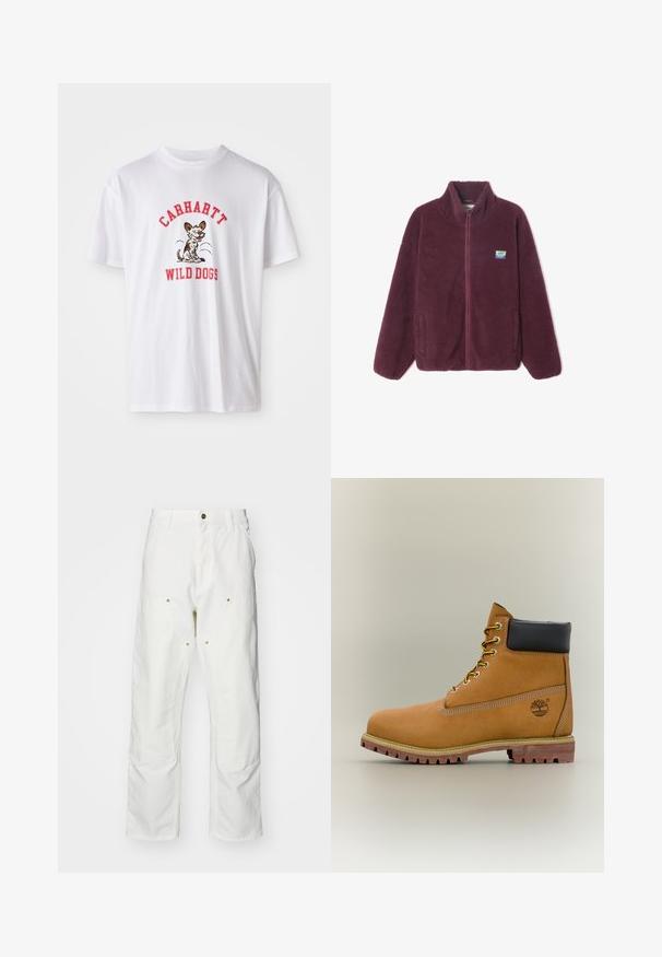 Dunkellila Fleecejacke mit Frontreißverschluss, zwei Seitentaschen und kleinem rechteckigem Aufnäher auf der linken Brust.; Weißes Baumwoll-T-Shirt mit rotem gesticktem Text "CARHARTT WILD DOGS" und einer Cartoon-Hund-Grafik auf der Vorderseite. Kurze Ärmel, runder Ausschnitt.; Weiße Baumwoll-Cargohose mit lockerer Passform. Zu den Merkmalen gehören Fronttaschen, goldfarbene Hardware-Akzente und verstärkte Kniebereiche.; Brauner Leder-Stiefelette mit schwarzem Kragen, gelben Schnürsenkeln und hellbrauner Sohle. Verfügt über ein Logo und weiße Ziernähe. Robuste Profilsohle.