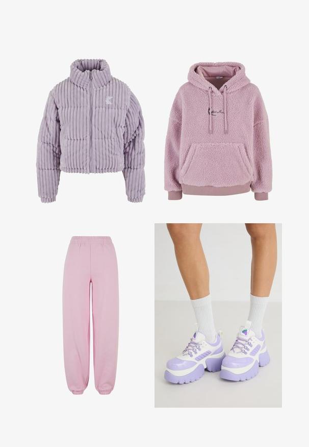Veste courte violette en velours côtelé, avec un col montant et une fermeture éclair à l'avant, ornée d'un logo brodé sur la poitrine.; Hoodie en polaire rose avec un extérieur texturé, une poche frontale et des cordons de serrage ajustables. Présente des bords-côtes aux poignets et à l'ourlet. Comprend un graphique simple.; Urban Classics Pantalon de survêtement - softpink; Baskets épaisses en blanc et lavande. Dotées d'une finition brillante, de semelles épaisses, d'accents violets et d'un logo en forme de raisin sur la languette.