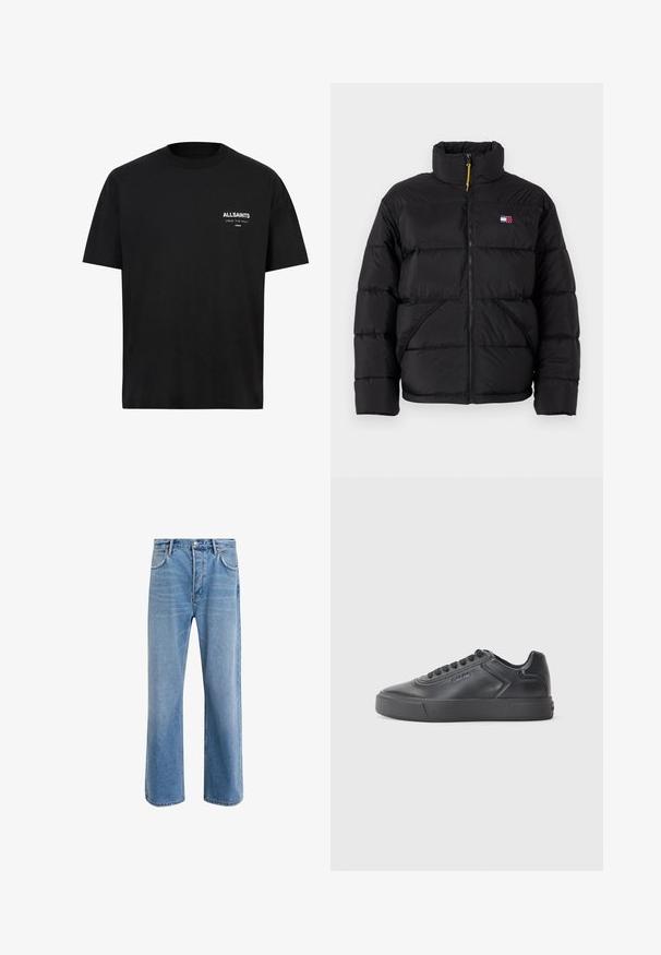 Sort polstret jakke med frontlynlås, høj krave, to sidelommer, elastiske manchetter og lille rød, hvid og blå logo på brystet.; Sort bomulds t-shirt med korte ærmer og rund hals. Har hvid tekst "ALLSAINTS" og "LONDON" på venstre brystområde.; Lyseblå denim jeans med lige ben-design, fem lommer, knaplukning, minimal falming og kontraststingdetaljer.; Sort lædersneaker med rund tå, flad gummisål og kontrasterende syninger. Har et logo på siden og snørebåndsdesign.