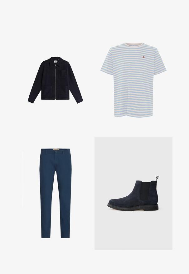 Marineblauwe wollen jas met een kraag, een ritssluiting aan de voorkant, twee voorke pockets en een borstzak, met een gestructureerde afwerking.; Lichtblauw en wit gestreept katoenen T-shirt met korte mouwen en een ronde hals. Heeft een klein bruin logo op de borst.; Marineblauwe slim-fit herenbroek met riemlussen, sluiting met knoop aan de voorkant en zijzakken, tentoongesteld tegen een witte achtergrond.; Marineblauwe suède Chelsea-boot met zwarte elastische zijpanelen, lussen aan de achterkant en een zwarte rubberen zool op een witte achtergrond.