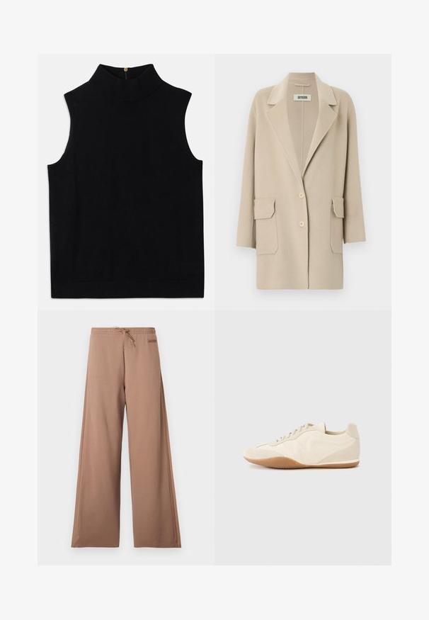 Manteau en mélange de laine beige avec un col cranté, deux poches plaquées avant, une fermeture à double bouton, et des manches trois-quarts.; Haut noir sans manches à col roulé, fabriqué en matériau doux, avec un col haut et une fermeture éclair dans le dos. Design simple sans motifs ni accents.; Pantalon marron à jambes larges avec taille élastique, cordon de serrage et petite écusson logo sur le côté droit près de la taille.; Baskets beige clair avec une tige en cuir texturé, des panneaux latéraux texturés et une semelle en caoutchouc. Dotées d'un design fin et épuré ainsi que de lacets plats.